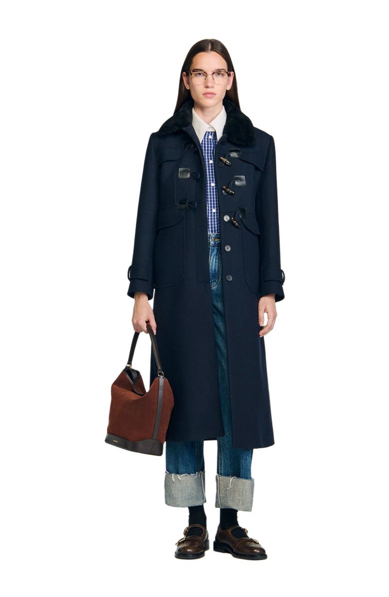 SANDRO Coat with removable shearling collar, Alternate, color, Navy Blue
