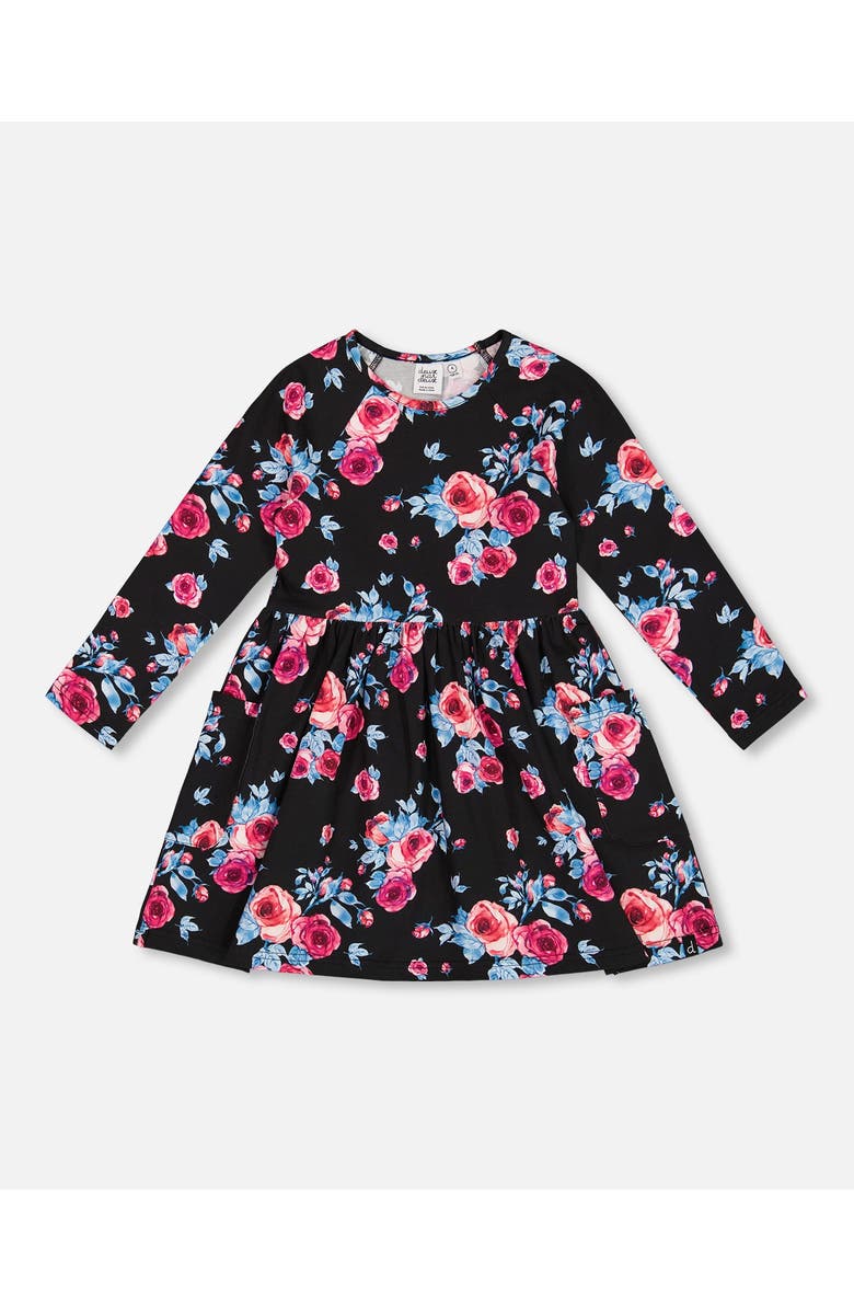 Deux par Deux Little Girl's Printed Roses Dress With Pockets Black, Main, color, 