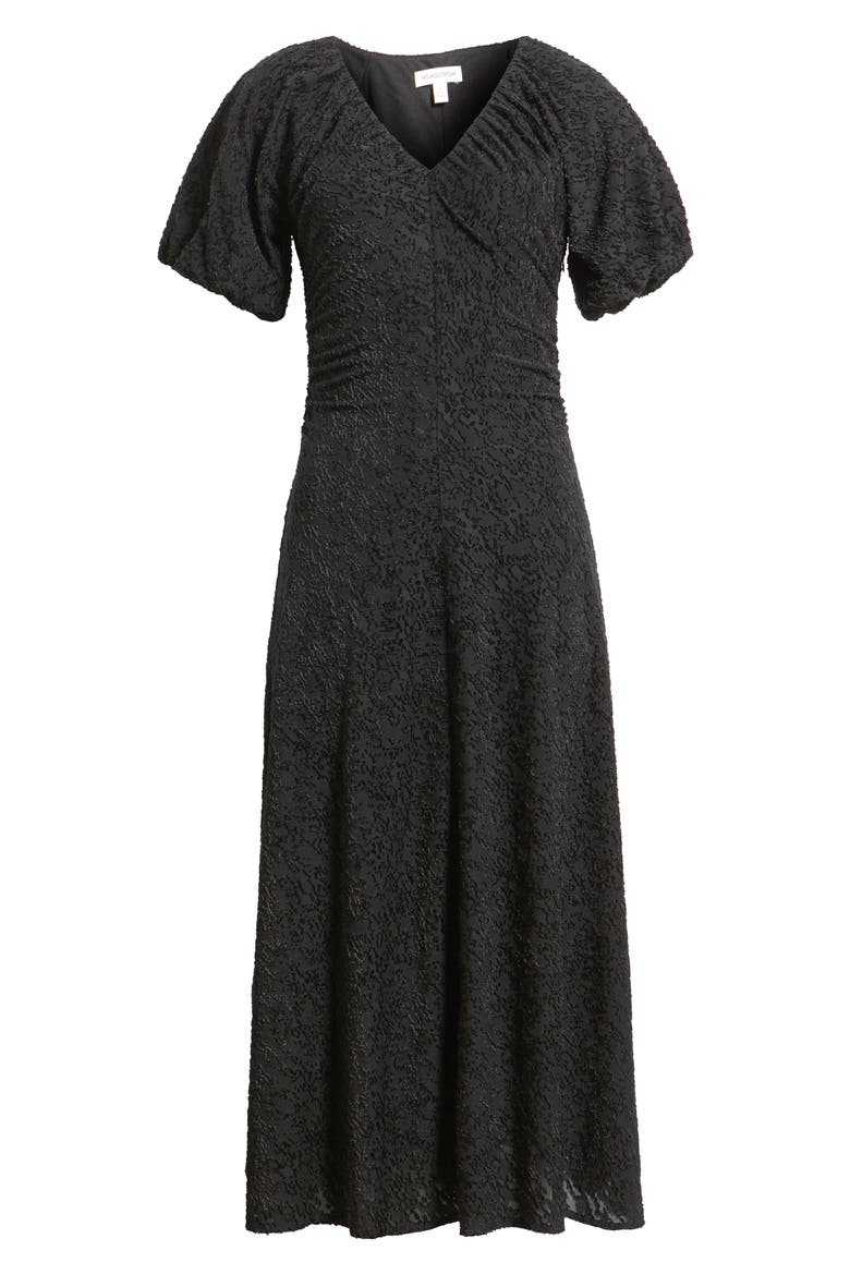 Ruched V-Neck Textured Knit Midi Dress, Alternate, color, BLACK