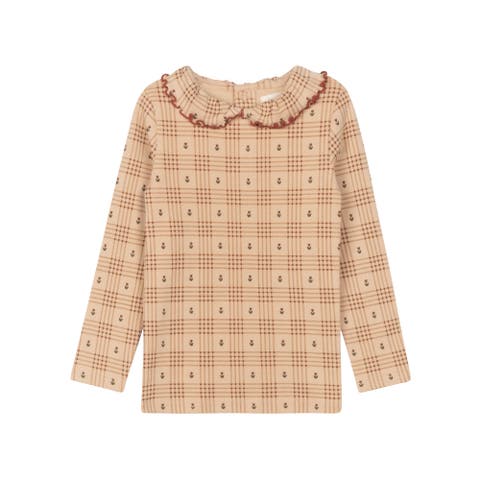 Cotton Floral Plaid Collection - Ruffle Neck Tee (Toddler, Little Kid & Big Kid)