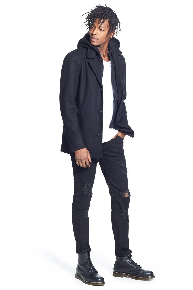 Single Breasted Hooded Coat, Alternate, color, BLACK
