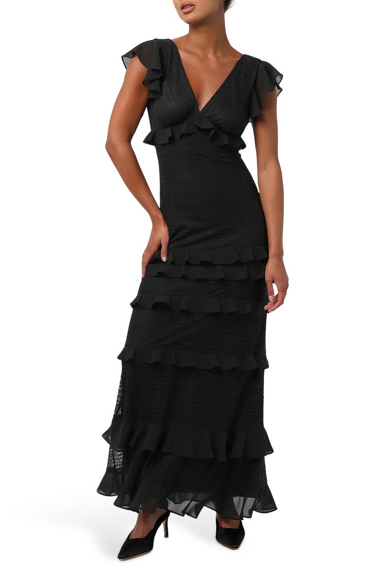 Nyra Lace Ruffle Maxi Dress, Main, color, BLACK