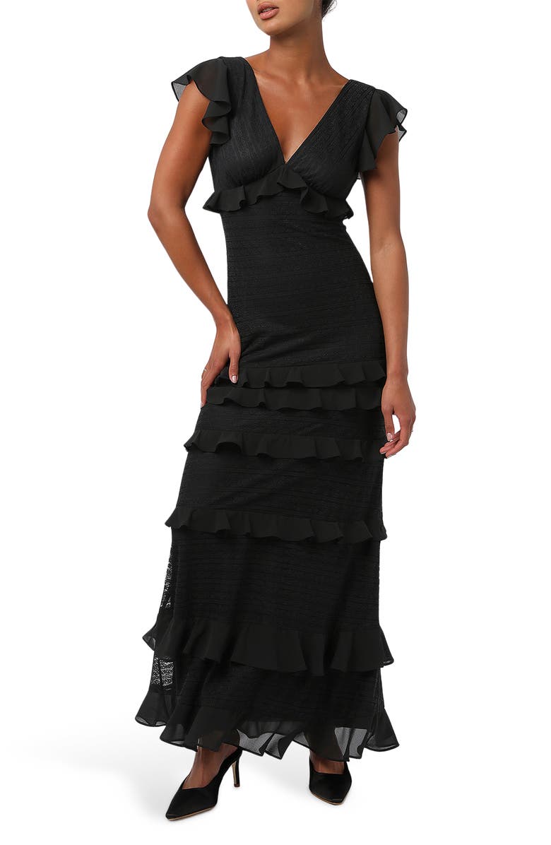 Lulus Nyra Lace Ruffle Maxi Dress, Main, color, Black