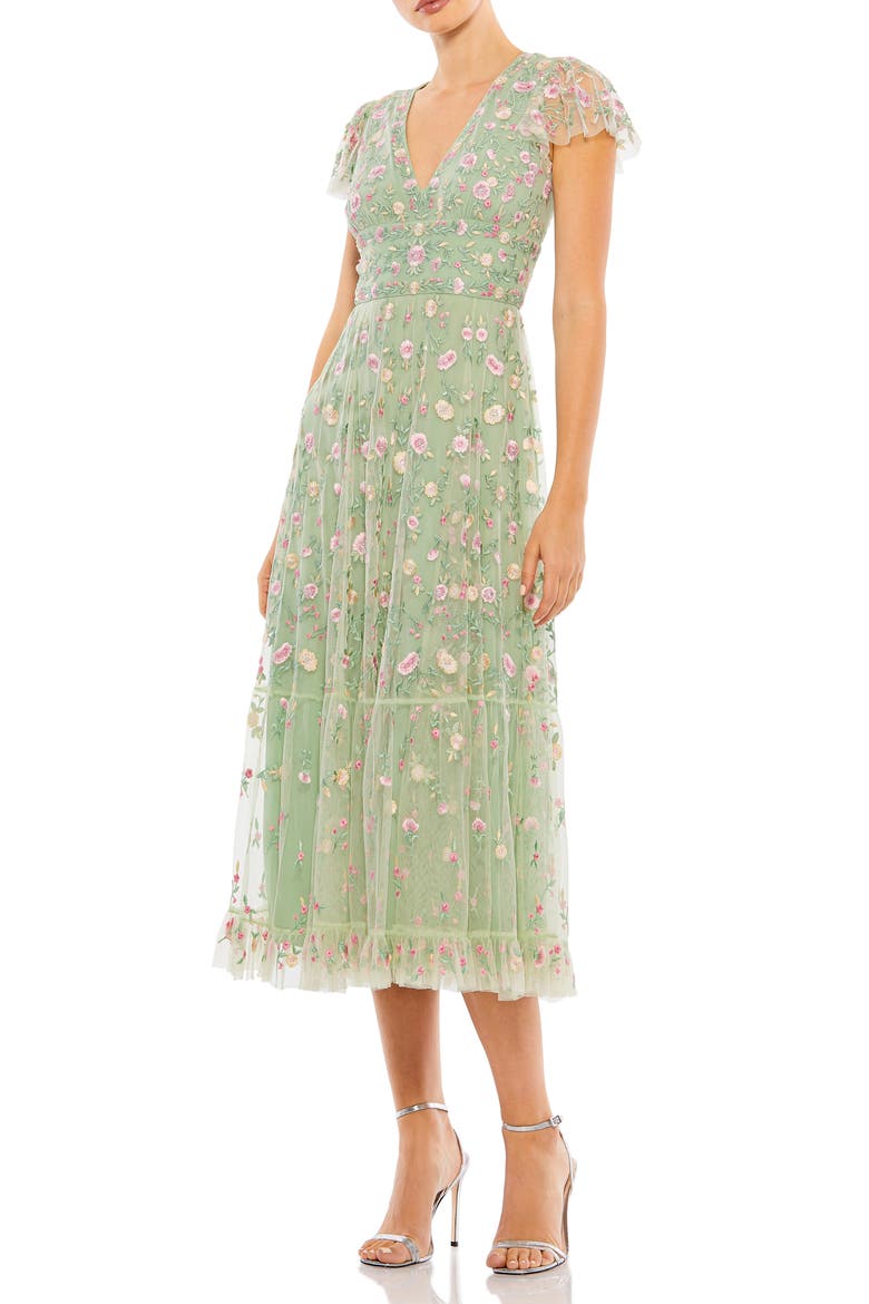 Embroidered V Neck Cap Sleeve Midi Dress, Main, color, SAGE