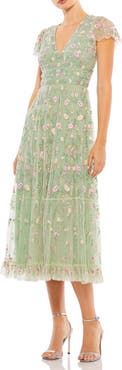 Mac Duggal Embroidered V Neck Cap Sleeve Midi Dress