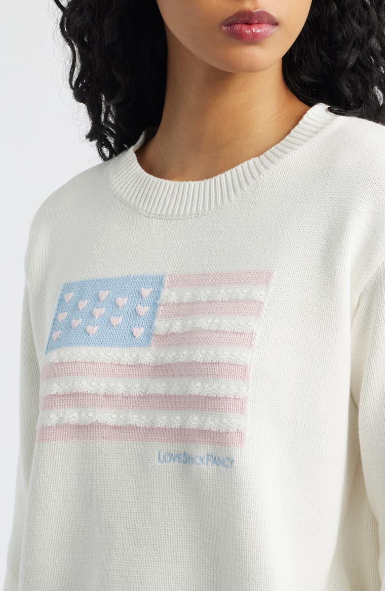 LoveShackFancy Ty Intarsia Flag Cotton Crewneck Sweater, Alternate, color, Ivory Dreams