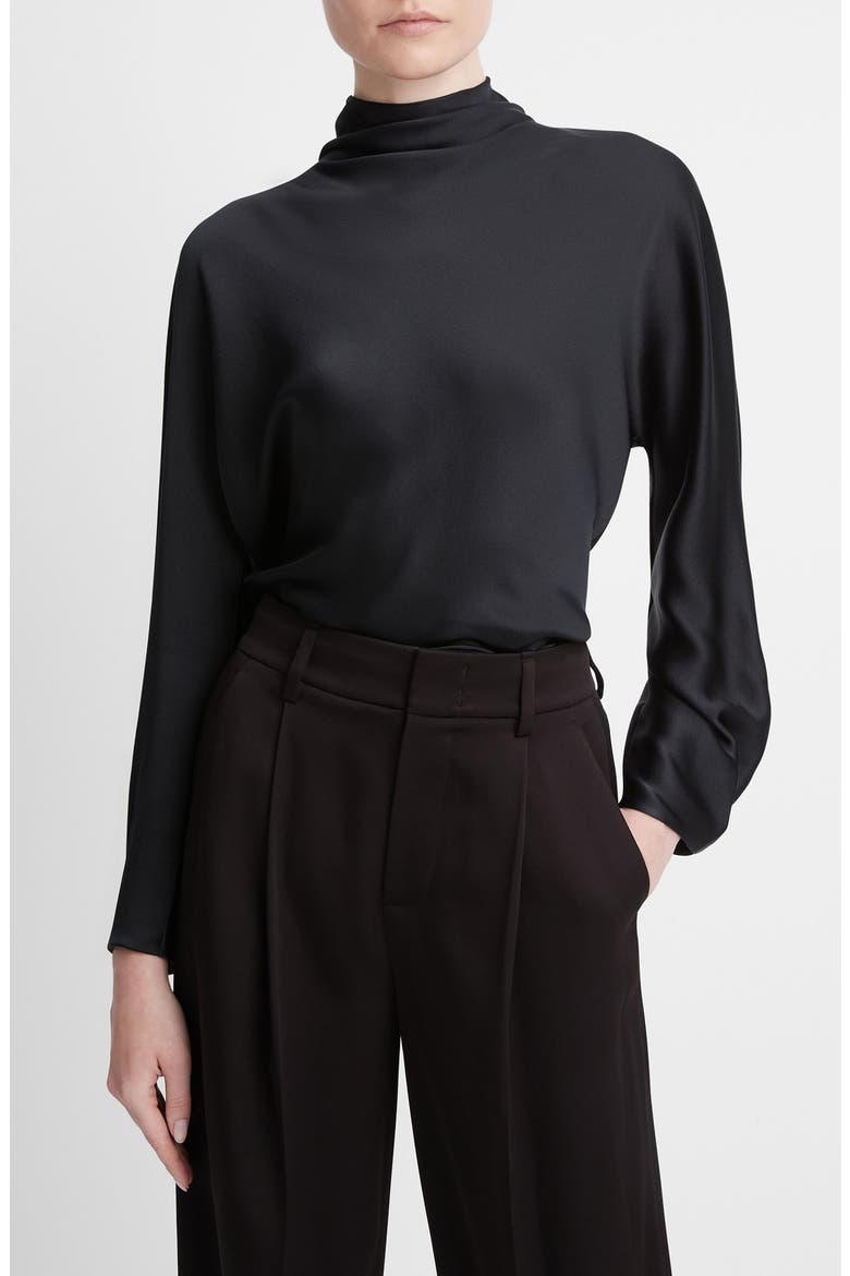 Draped Funnel Neck Silk Top, Alternate, color, BLACK