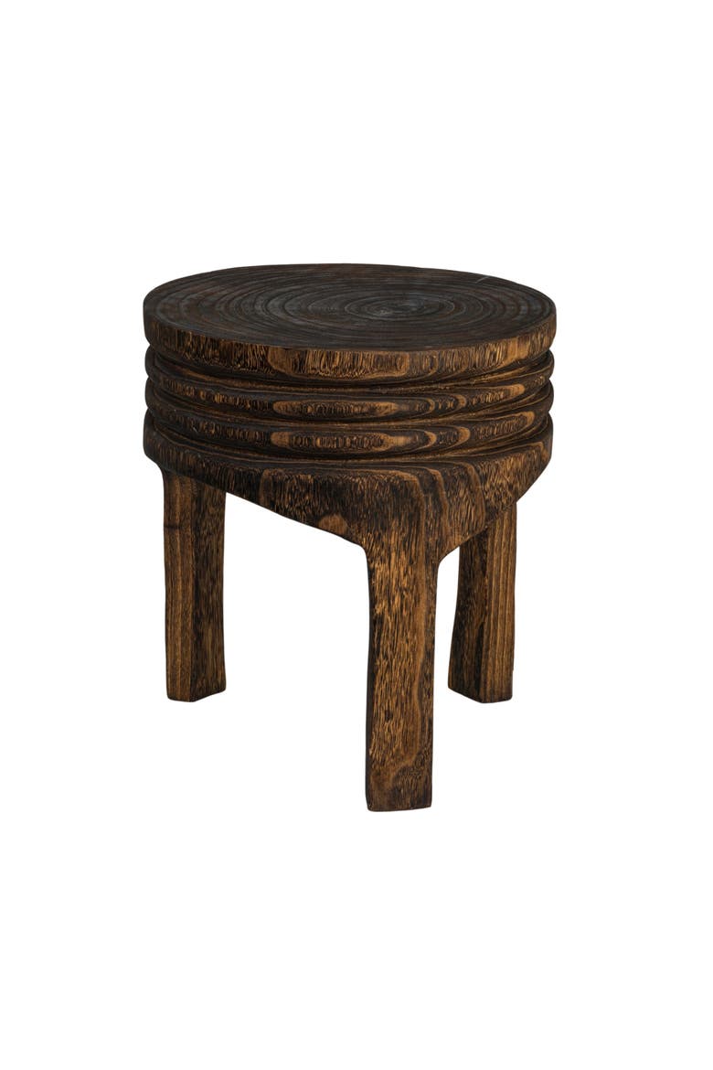 Paulownia Wood Carved Stool, Marbled Brown Finish, Main, color, Brown