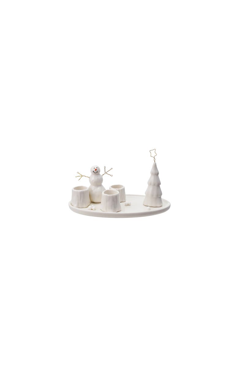 Storied Home Stoneware and Wire Taper Holder with Snowman and Tree, White, Main, color, White