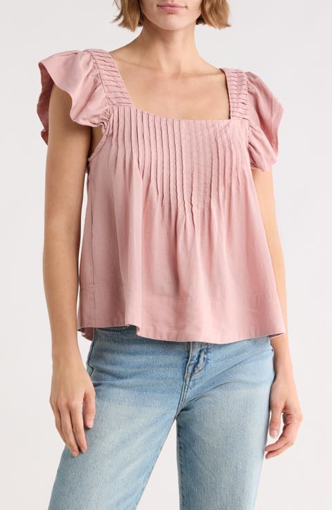 Flutter Sleeve Square Neck Linen Blend Top