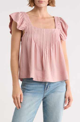 Flutter Sleeve Square Neck Linen Blend Top