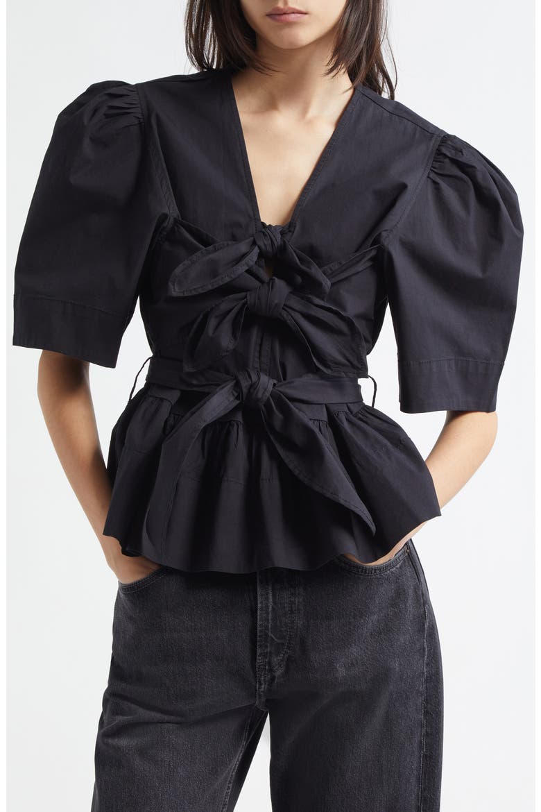 Bow Front Puff Sleeve Organic Cotton Poplin Top, Main, color, BLACK