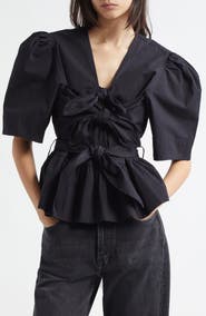 Ganni Bow Front Puff Sleeve Organic Cotton Poplin Top