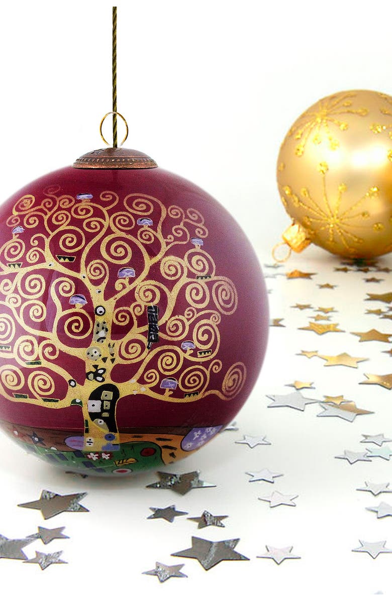 OVERSTOCK ART "Tree of Life (Burgundy)" Gustav Klimt Hand Painted Glass Ornament Collection - Set of 4, Alternate, color, 