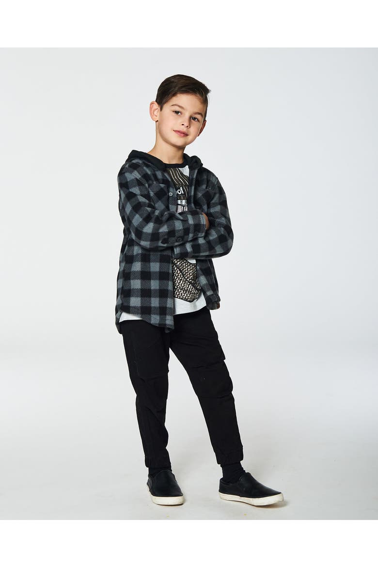 Boy's Polar Fleece Shirt With Hood Black Plaid, Alternate, color, Plaid Grey & Black