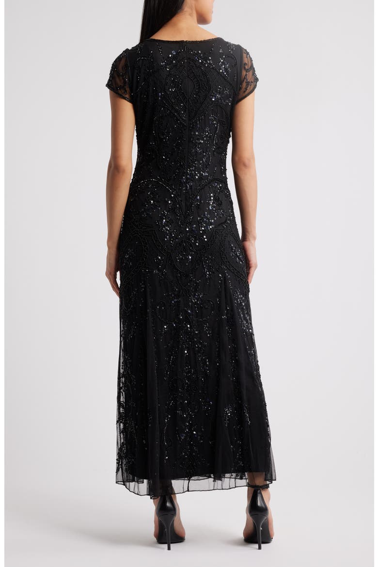 Beaded Mesh Midi Cocktail Dress, Alternate, color, BLACK