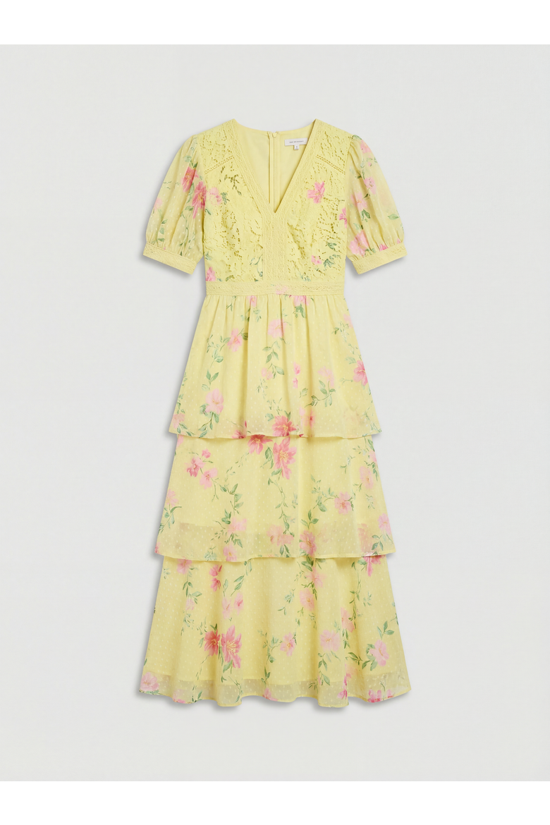 Lace Bodice Tiered Midi Dress, Alternate, color, Chartreuse