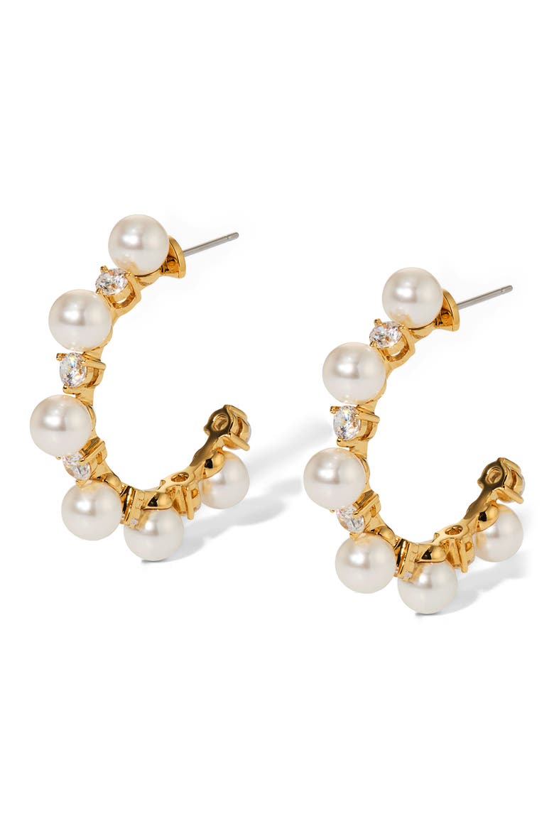 Cubic Zirconia & Faux Pearl Hoop Earrings, Main, color, GOLD