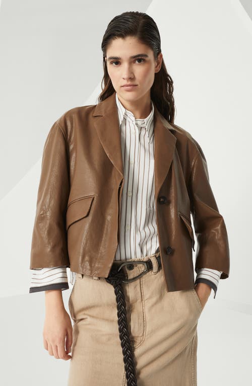 Brunello Cucinelli Embellished Polished Leather Outerwear Blazer In Brown