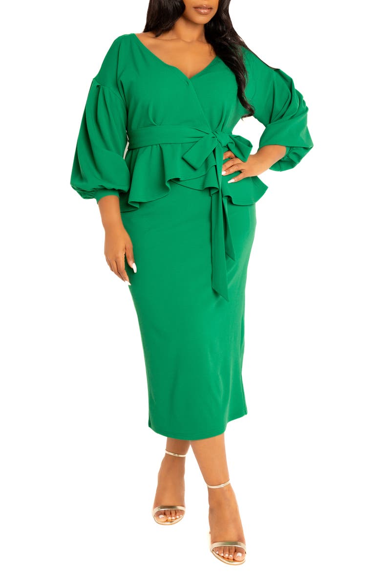 Convertible Shoulder Belted Peplum Midi Dress, Main, color, GREEN