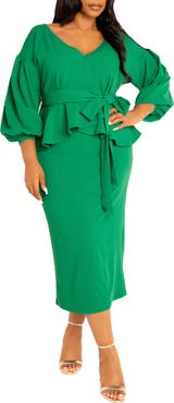 BUXOM COUTURE Convertible Shoulder Belted Peplum Midi Dress