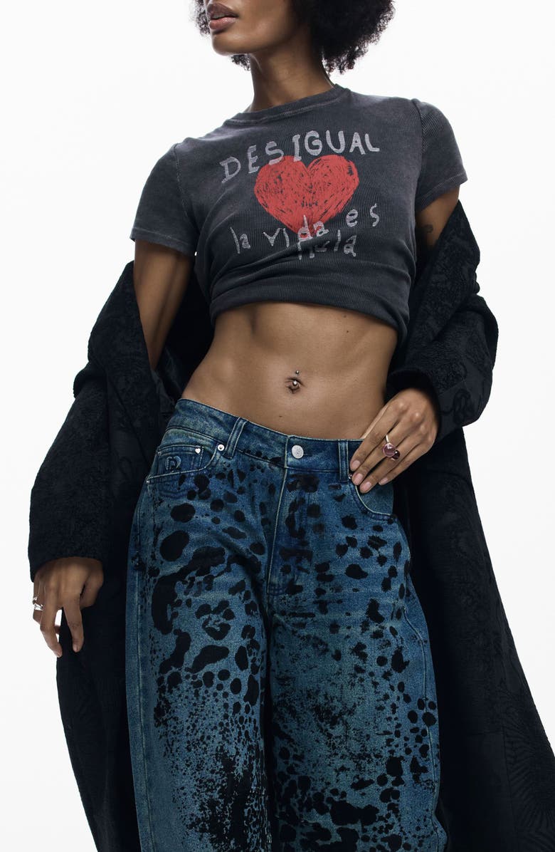 Desigual Abstract Print Barrel Leg Jeans, Alternate, color, Dark Blue