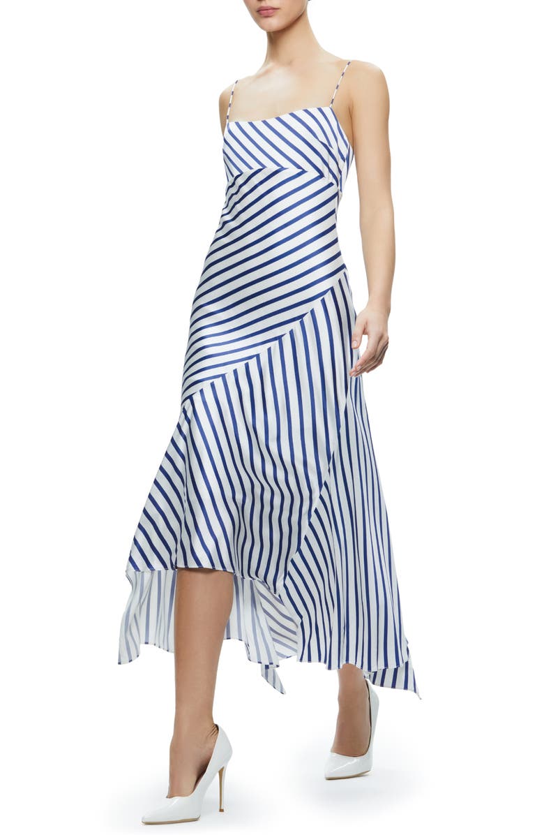 Alice + Olivia Rosa Directional Stripe Asymmetric Midi Dress, Alternate, color,