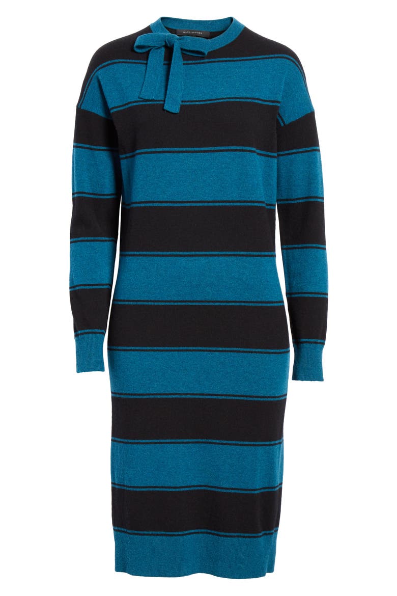 Tie Neck Stripe Wool Sweater Dress, Alternate, color, TEAL MULTI