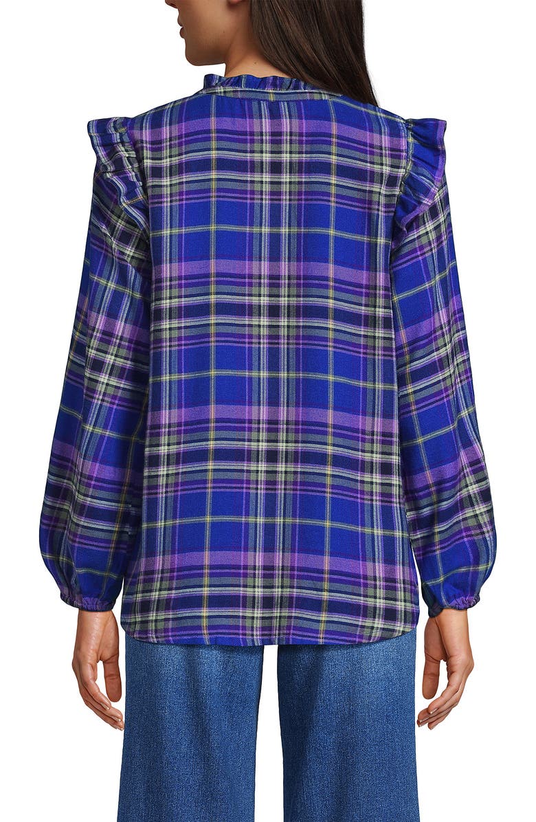 Lands' End Ruffle Front Flannel Popover Blouse, Alternate, color, Cobalt Blue/Bright Grape Plaid