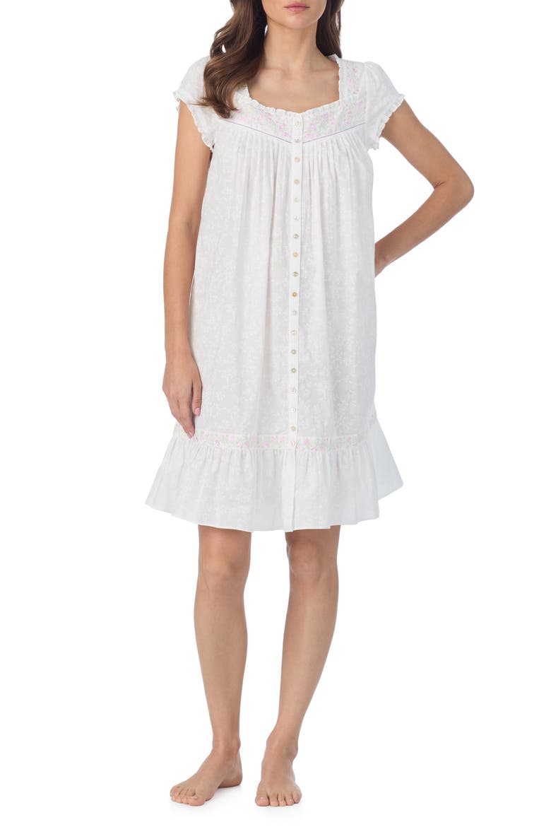 Floral Embroidered Cotton Nightgown, Main, color, WHITE