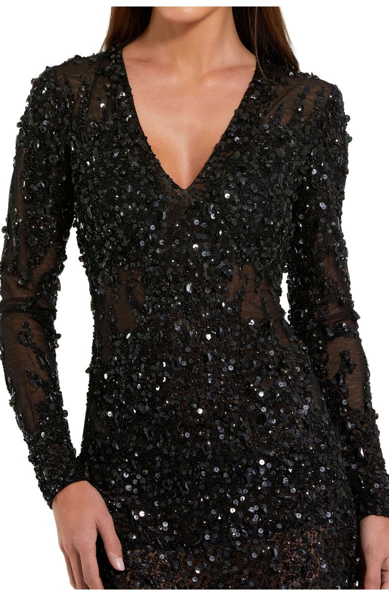 Mac Duggal Long Sleeve Sheer Embellished Mini Dress, Alternate, color, Black