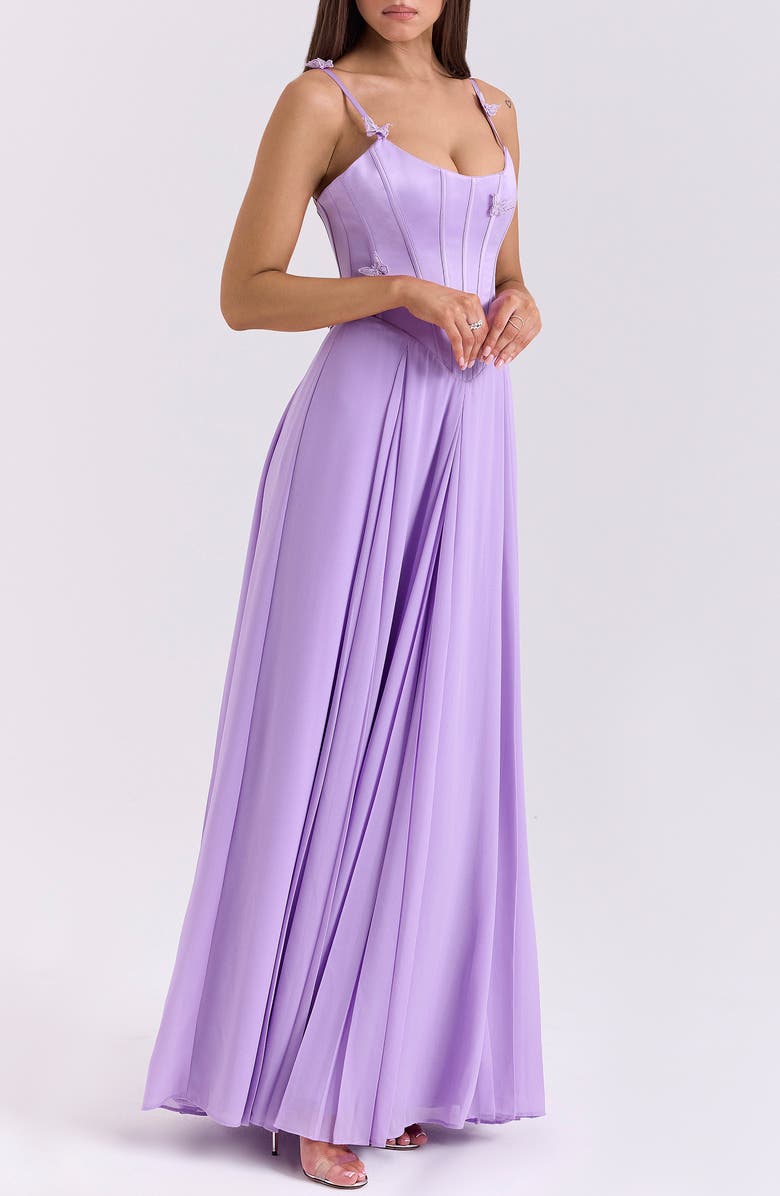 HOUSE OF CB Pascha Butterfly Appliqué Corset Maxi Dress, Alternate, color, Sheer Lilac
