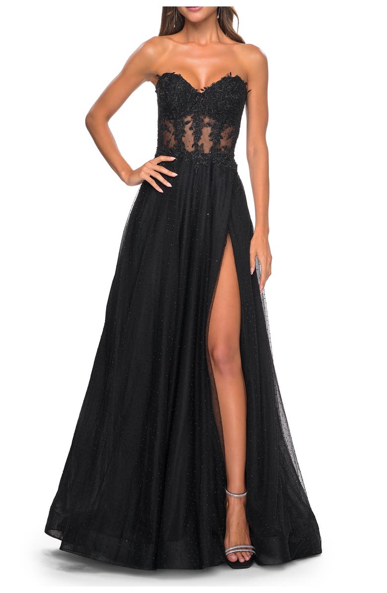 La Femme A-Line Tulle Ballgown with Lace Illusion Bodice, Main, color, Black