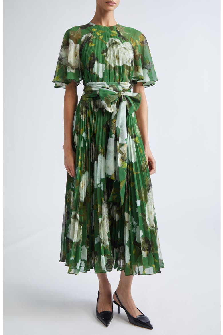 emerald green floral pleated midi dress Erdem Crêpe de Chine (Women) COUNT-40