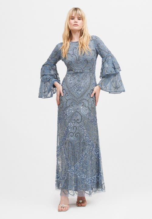 Maryisa Embellished Sequin Beaded Double Sleeves Maxi Dress In Powder Blue