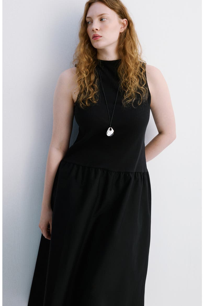 Mixed Media Stretch Cotton Midi Dress, Alternate, color, BLACK