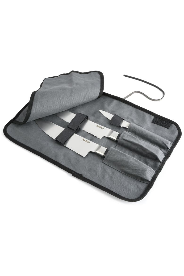 3-Piece High Carbon German Steel Cutlery Set with Knife Roll, Main, color, Stainless Steel