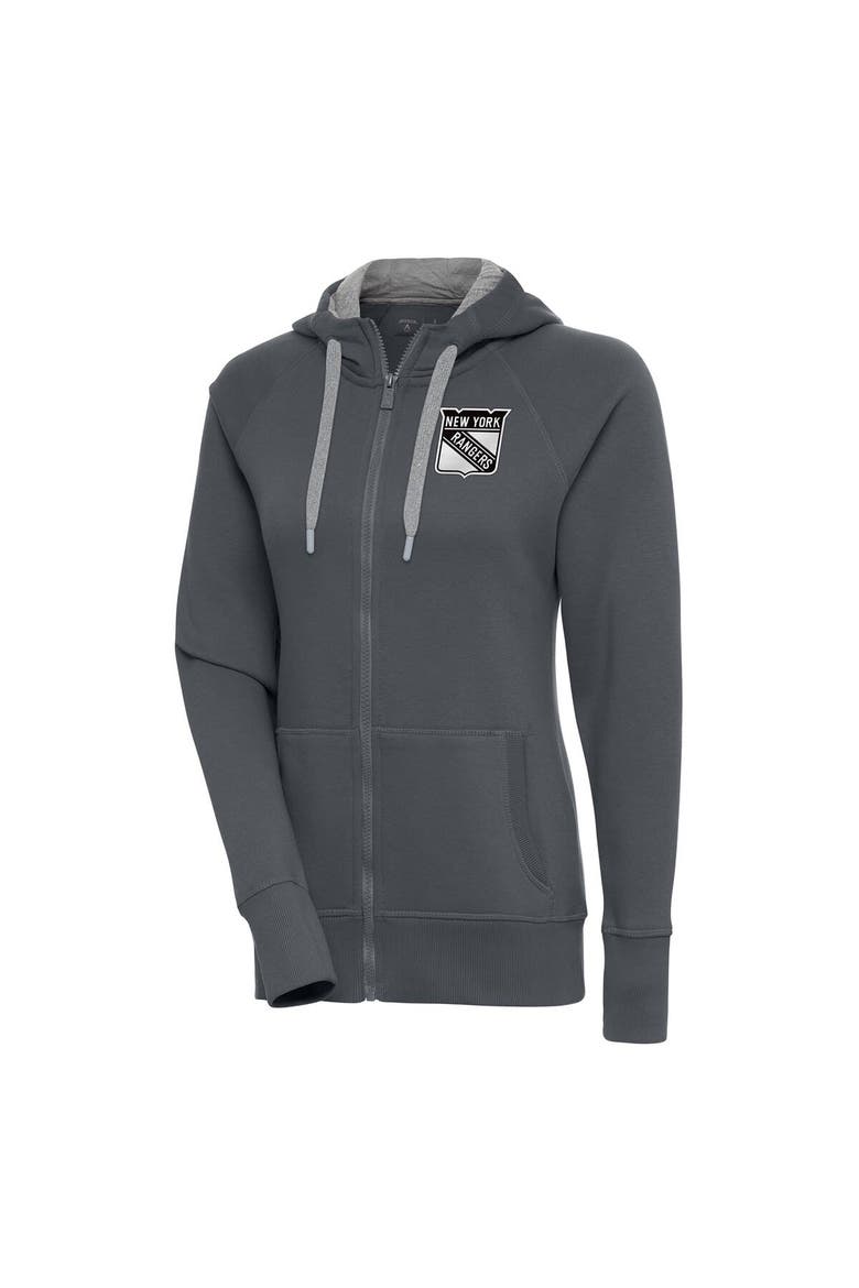 Women's Antigua  Charcoal New York Rangers Metallic Logo Victory Full-Zip Hoodie, Main, color, Charcoal