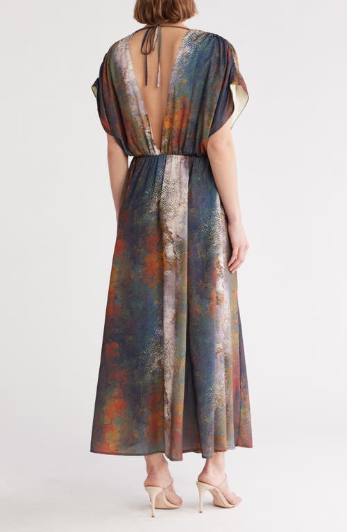 Wishlist Puff Sleeve Drop Waist Side Slit Maxi Dress In Blue Multi