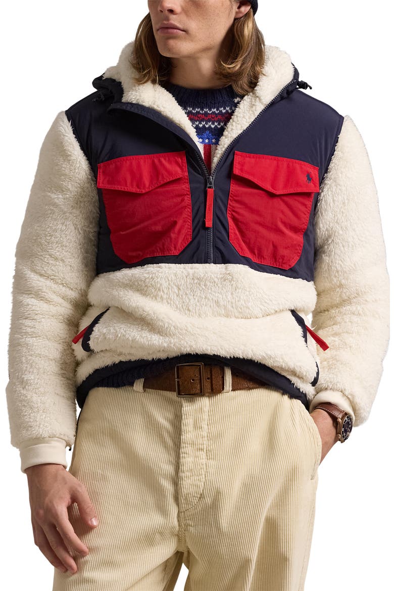 Hooded Nylon & Fleece Popover Jacket, Main, color, HERBAL MILK MULTI
