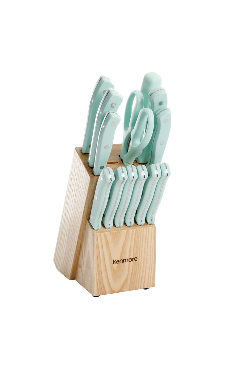 Kenmore Kane 14 Piece Stainless Steel Cutlery Set in Glacier with Rubber Wood Block, Main, color, Glacier Blue