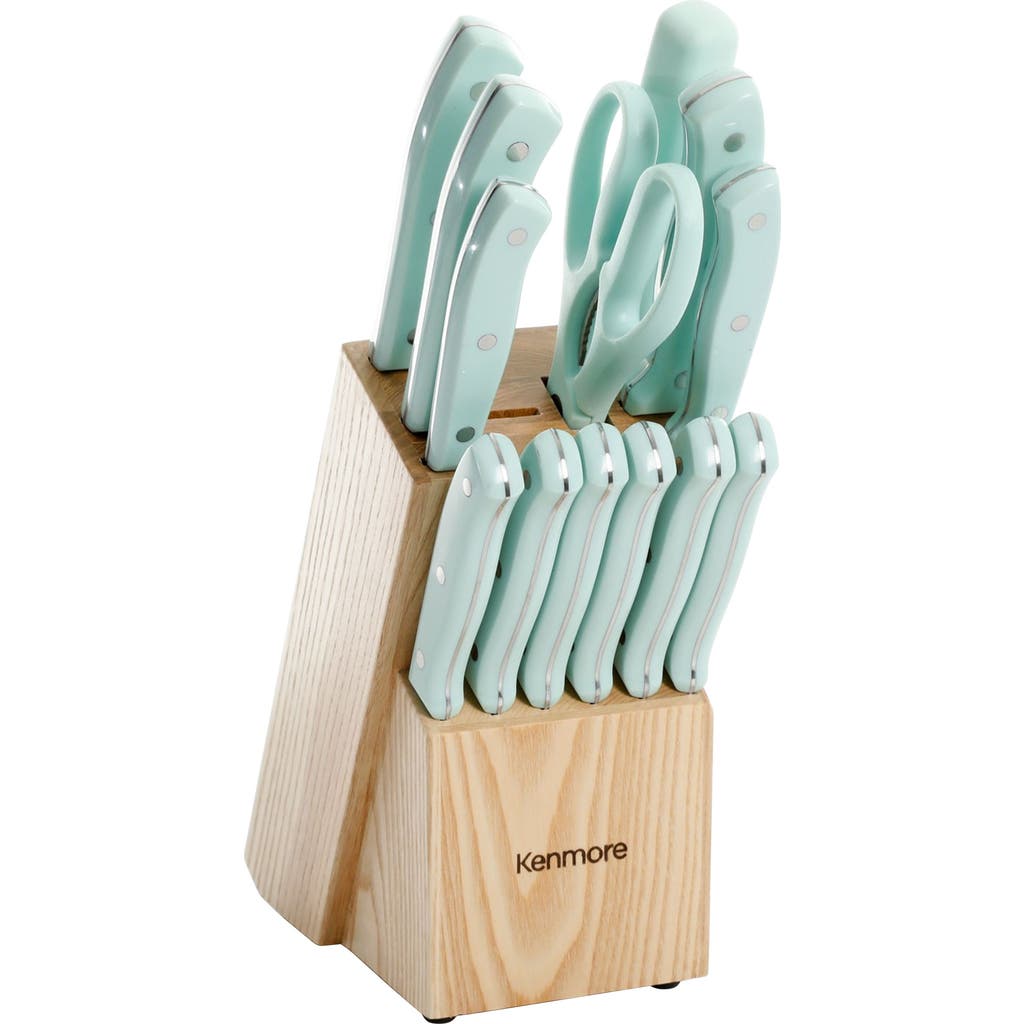 Kenmore Kane 14 Piece Stainless Steel Cutlery Set In Glacier Blue With Rubber Wood Block In Green