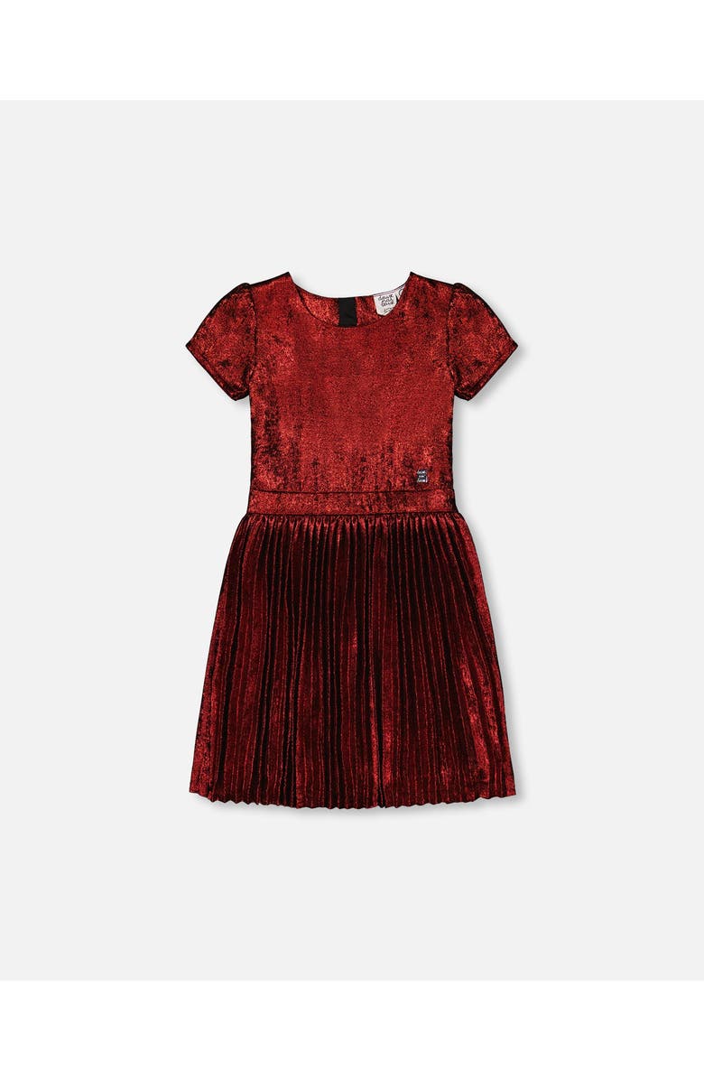Deux par Deux Girl's Short Sleeve Dress With Pleated Skirt Metallic Red, Main, color,