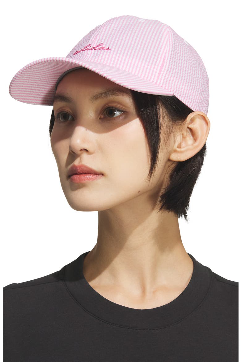 Logo Seersucker Stripe Adjustable Baseball Cap, Alternate, color, TROPIC BLOOM/ PINK FUSION