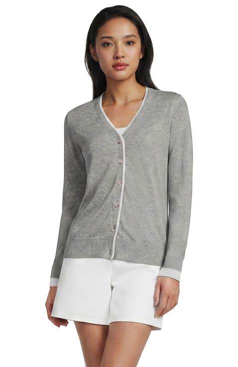 Double Trim Cotton V Neck Cardigan Sweater