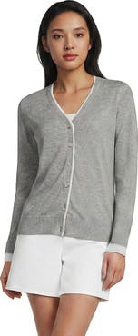 Lands' End Double Trim Cotton V Neck Cardigan Sweater