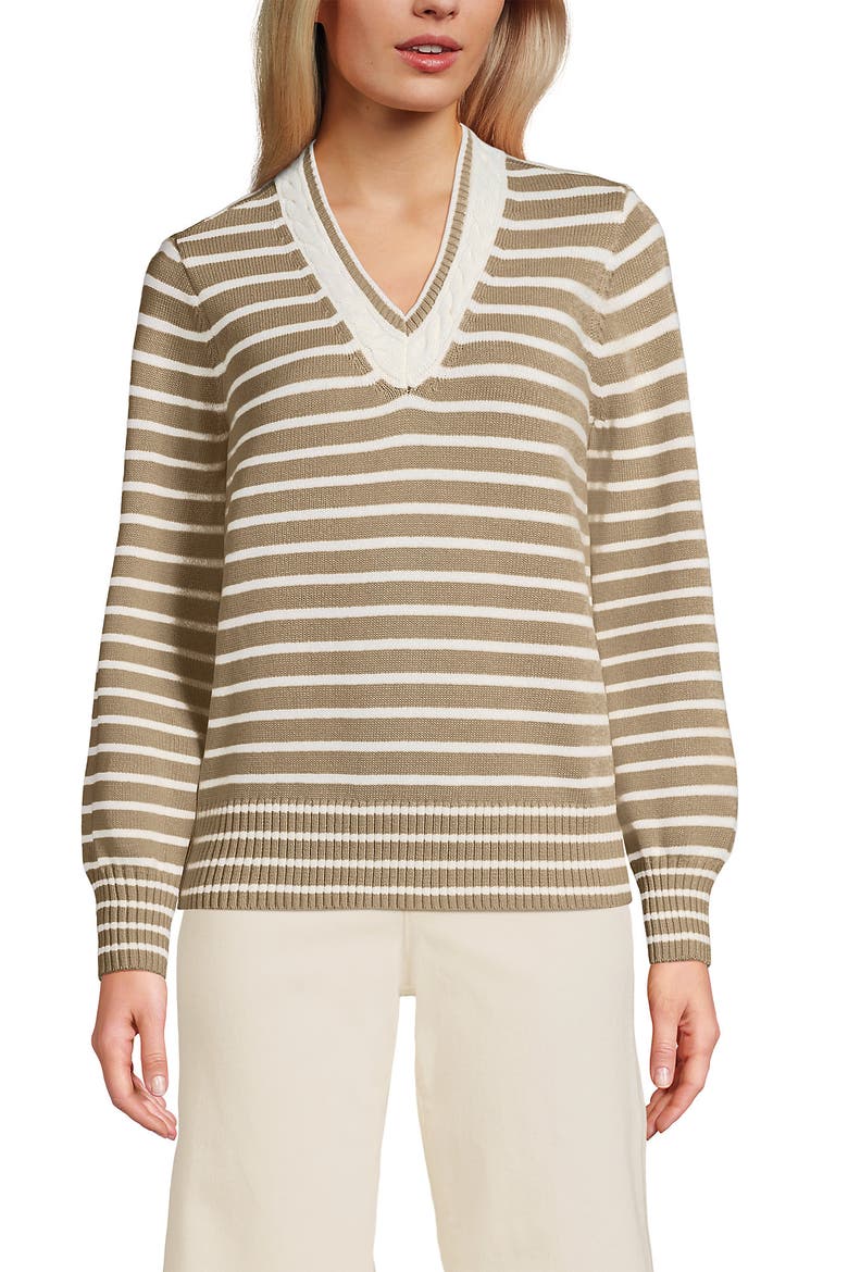 Drifter Set in Sleeve Vneck Sweater, Main, color, Champagne/Ivory Mini Stripe
