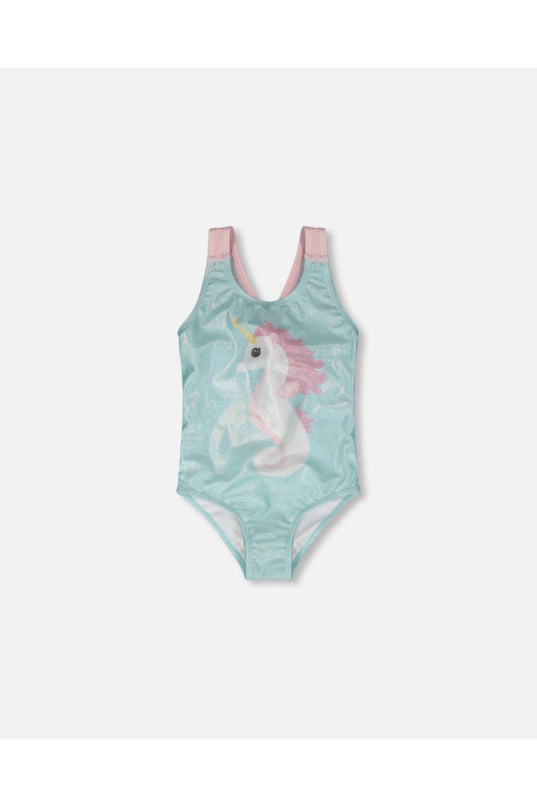 One-Piece Crossed Straps Graphic Swimsuit, Main, color, Aqua