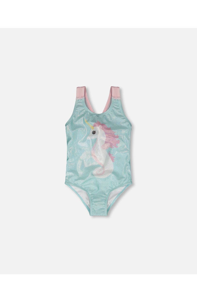 Deux par Deux One-Piece Crossed Straps Graphic Swimsuit, Main, color, Aqua