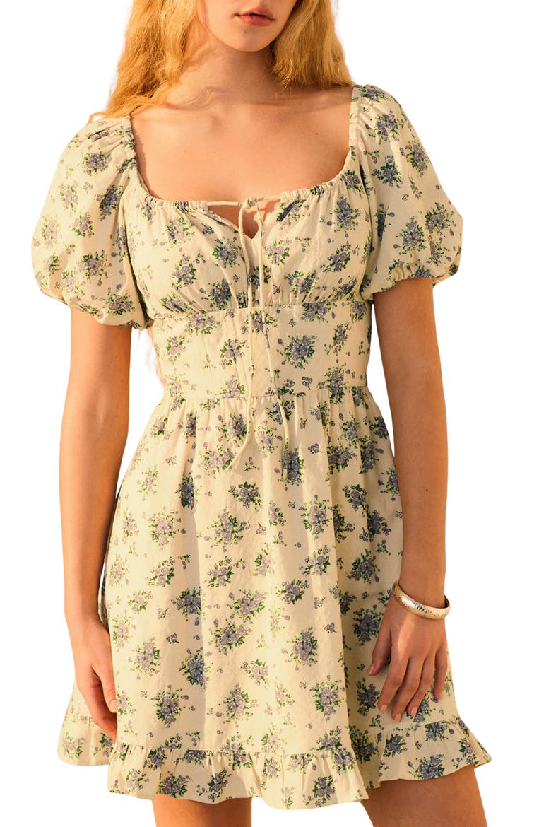 Floral Puff Sleeve Mini Sundress, Main, color, NEUTRAL